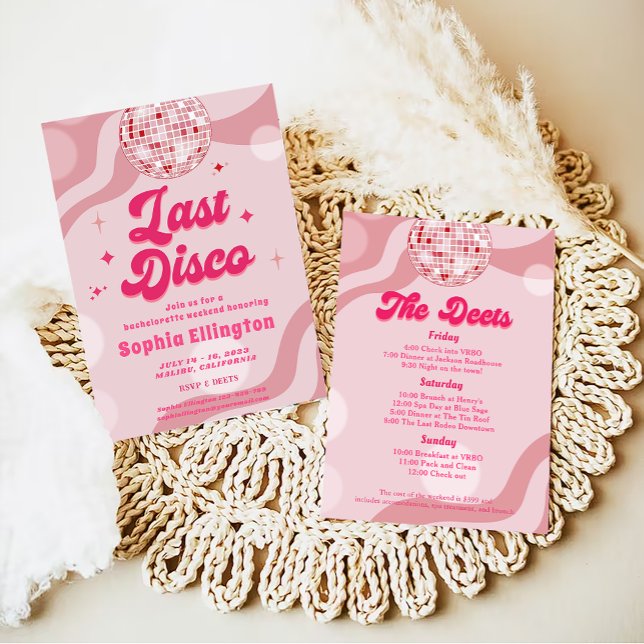 Rosa Disco Retro Bachelorette Helg Itinerary Inbjudningar (Skapare uppladdad)