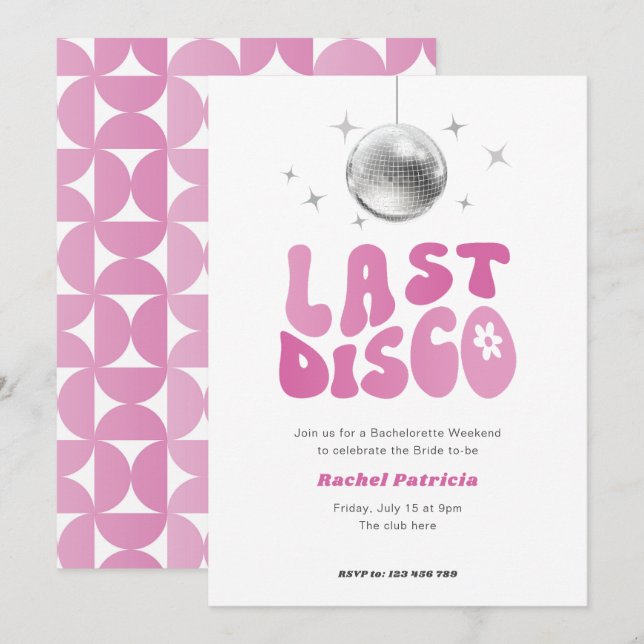 Rosa disco, sista disco-bakteriorette-partiet inbjudningar (Fram/baksida)