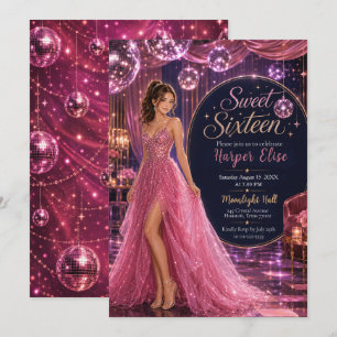 Rosa Disco Sweet 16 Prinsessa Fest Inbjudningar