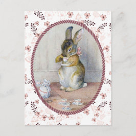 Rosa Ditsy Blommigt Vintage Bunny Tea Vykort