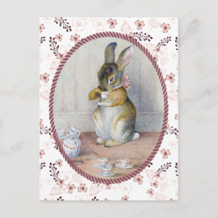 Rosa Ditsy Blommigt Vintage Bunny Tea Vykort
