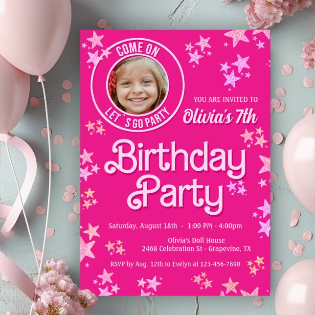Rosa Docka Foto Födelsedagsfest Inbjudningar (Cute pink doll photo any number birthday party invitation. Simply add your photo and details.)