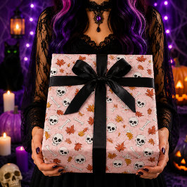 Rosa Dödskalle Höstlöv Halloween Mönster Presentpapper