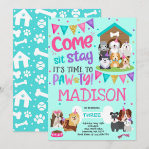 Rosa Doggy Birthday Pawty bjuds in till upphetspar Inbjudningar