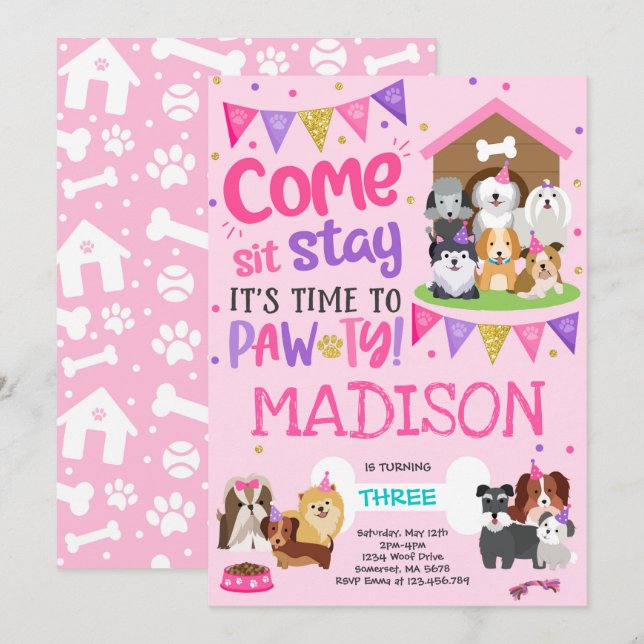 Rosa Doggy Birthday Pawty bjuds in till upphetspar Inbjudningar (Fram/baksida)