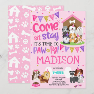 Rosa Doggy Birthday Pawty bjuds in till upphetspar Inbjudningar