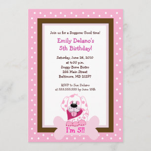 Rosa Doggy Bone Puppy Hund Birthday 5x7-inbjudan Inbjudningar