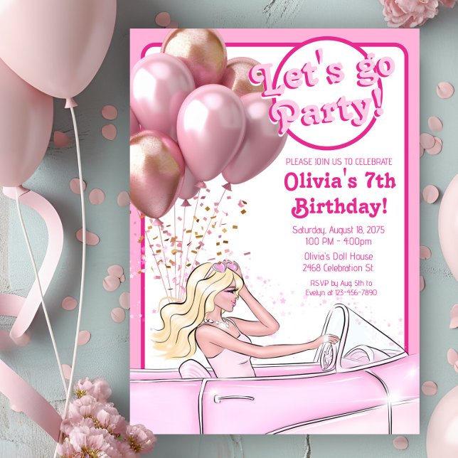 Rosa Doll Car Födelsedagsfest Inbjudningar (Cute pink doll in car any number birthday invitation. Simply add your event details.)