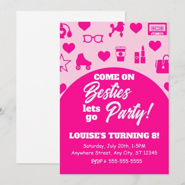 Rosa Doll Girl Mode Digital Download Birthday Inbjudningar (Fram/baksida)