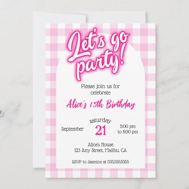 Rosa Doll Malibu Gingham Låt oss Go Party Birthday Inbjudningar (Framsida)