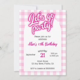 Rosa Doll Malibu Gingham Låt oss Go Party Birthday Inbjudningar