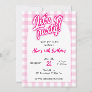 Rosa Doll Malibu Gingham Låt oss Go Party Birthday Inbjudningar