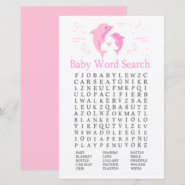 Rosa Dolphin Baby Shower Ord Search Game (Fram/baksida)