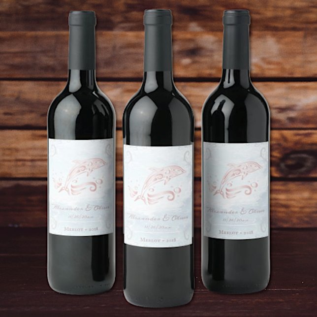 Rosa Dolphin Bröllop Vin-etikett Vinflaska Etikett (Pink Dolphin Wedding Wine Label)