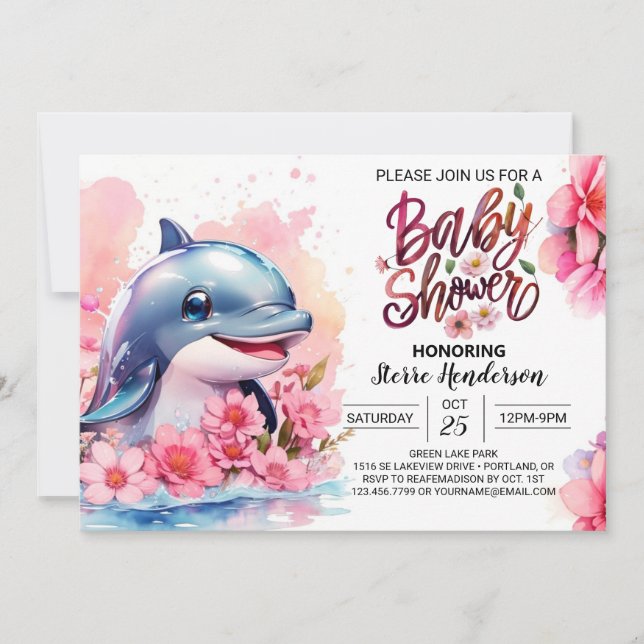 Rosa Dolphin Delight Girl Baby Shower Inbjudningar (Framsida)