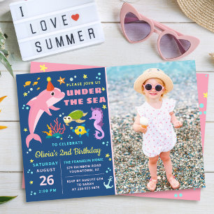 Rosa Dolphin under Sea Girl Birthday Photo Inbjudningar