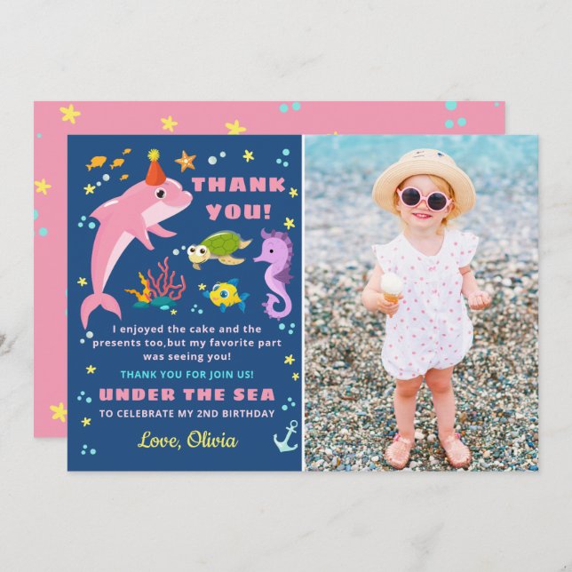 Rosa Dolphin under Sea Girl Birthday Photo Tack Kort (Fram/baksida)