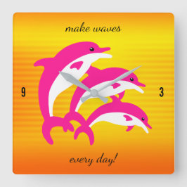 Rosa Dolphins Dancing in Tropical Sol Fyrkantig Klocka