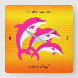 Rosa Dolphins Dancing in Tropical Sol Fyrkantig Klocka