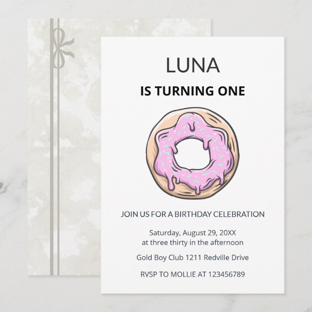 Rosa Donut 1-års inbjudan för flickor  (Fram/baksida)