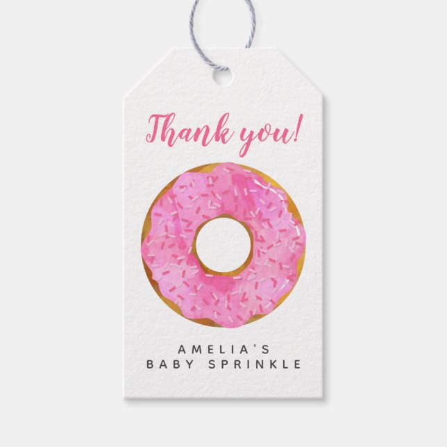 Rosa Donut Baby Sprinkle Tack Gift Märkres Presentetikett (Framsidan)