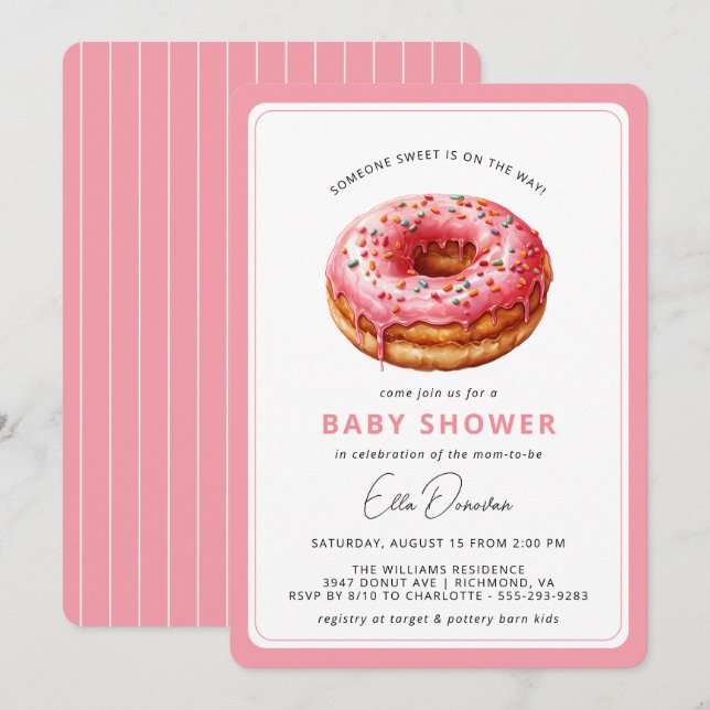 Rosa Donut | Cute Dessert Theme Girl Baby Shower Inbjudningar (Fram/baksida)