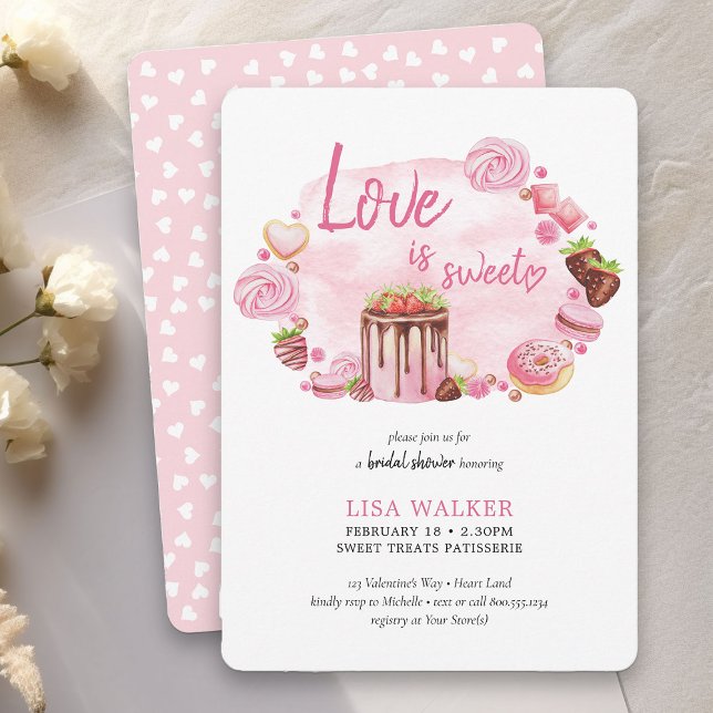 Rosa Donut Desserts Valentine Möhippa Inbjudningar (Love is Sweet Bridal Brunch Invitation - order printed or as printable instant download)