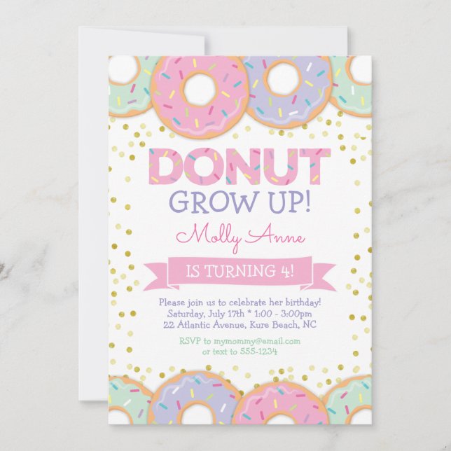 Rosa Donut Girl Birthday Bjud Guld Sprinkles Inbjudningar (Framsida)