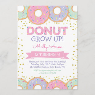 Rosa Donut Girl Birthday Bjud Guld Sprinkles Inbjudningar