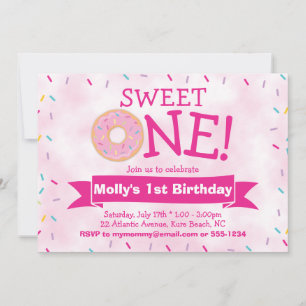 Rosa Donut med Sprinkles Party Girl 1:a födelsedag Inbjudningar