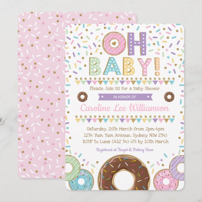 Rosa Donut Sprinkles Girl Baby Shower-inbjudan Inbjudningar (Fram/baksida)