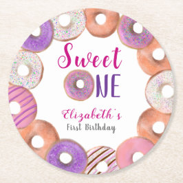 Rosa Donut Sweet One First Birthday Anpassningsbar Underlägg Papper Rund