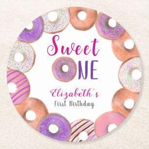 Rosa Donut Sweet One First Birthday Anpassningsbar Underlägg Papper Rund