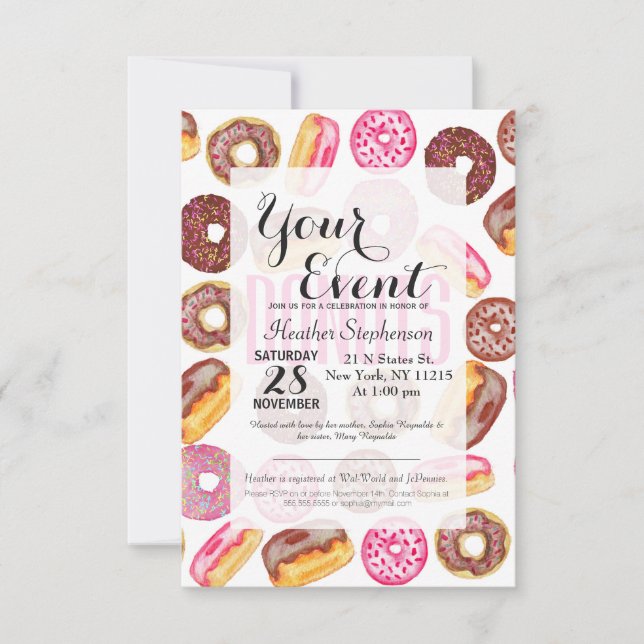 Rosa Donut Typografi och vattenfärgsfärgade kute D Inbjudningar (Framsida)