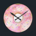 Rosa Donut Watercolor Doughnut Cute Sprinkles Rund Klocka<br><div class="desc">Rosa Donut Watercolor Doughnut Cute Sprinkles</div>