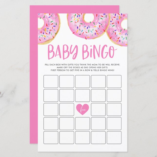 Rosa Donuts Baby Shower Bingo Game Card (Fram/baksida)