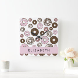 Rosa Donuts, Brown Donuts, Sprinkles, ditt namn Fyrkantig Klocka