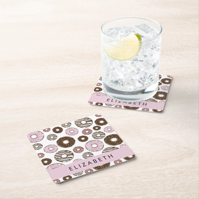 Rosa Donuts, Brown Donuts, Sprinkles, ditt namn Underlägg Papper Kvadrat (Insitu)