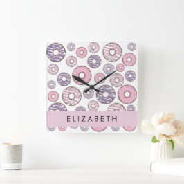 Rosa Donuts, Lila Donuts, Sprinkles, ditt namn Fyrkantig Klocka