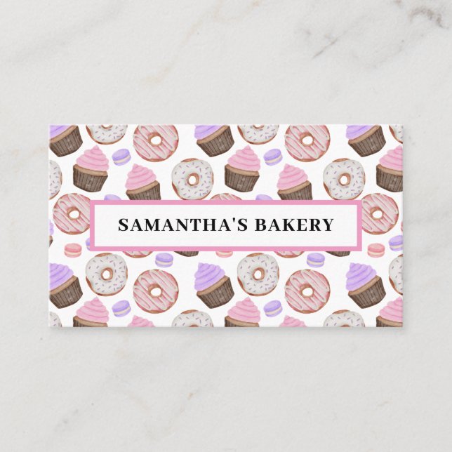 Rosa Donuts Muffinss Watercolor Bakery Visitkort (Framsida)