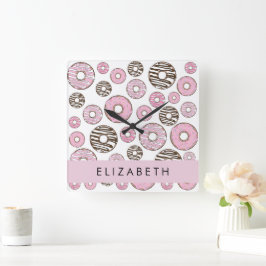 Rosa Donuts, vita donuts, Sprinkles, ditt namn Fyrkantig Klocka
