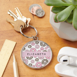 Rosa Donuts, vita donuts, Sprinkles, ditt namn Rund Silverfärgad Nyckelring