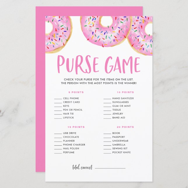 Rosa donuts What's in your Purse Baby Shower Game (Fram/baksida)