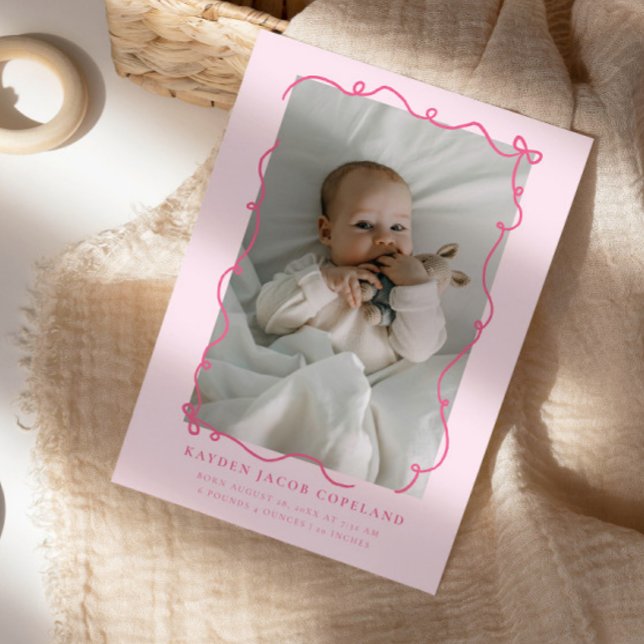 Rosa Doodle Bows Ram Birth Announcement Photo Meddelande (Skapare uppladdad)