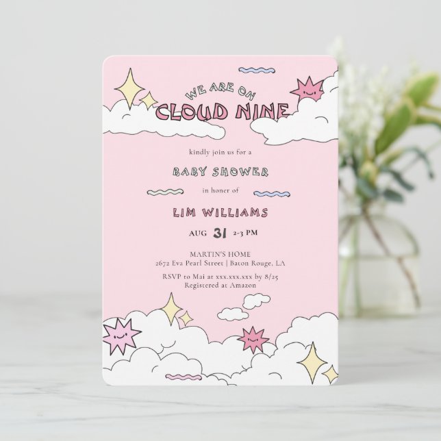 Rosa Doodle Cloud Nine Baby Shower Inbjudningar (Stående Fram)