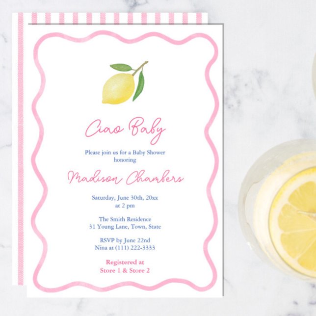 Rosa Doodle Gräns Lemon Flicka Shower Inbjudningar (Ciao Baby Girl Shower invite with trendy pink wavy border, citrus lemon and pink white stripe backer)