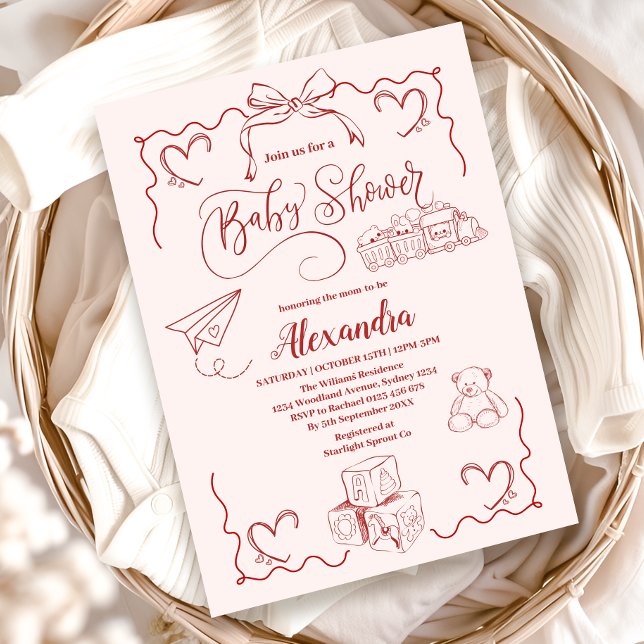 Rosa Doodle Leksak Bow Baby Shower Inbjudningar (Skapare uppladdad)