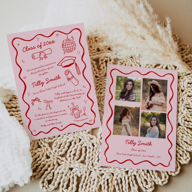 Rosa Doodle Studenten Announcement Girl 4 Foton Meddelande (Skapare uppladdad)