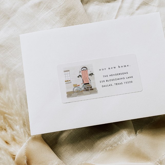 Rosa Door Flytta Announcement Address Label Adressetikett (Pink door illustration new home moving announcement return address labels.)