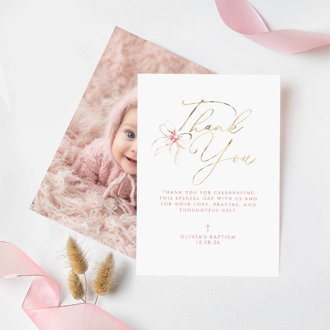 Rosa dop Tack Foto Kort (Pink Bow Baptism Thank You Photo Card)